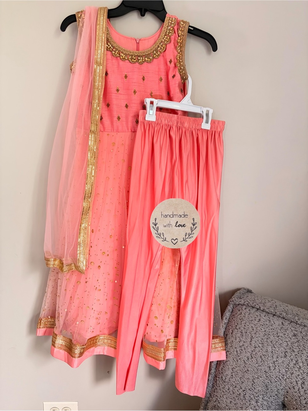 Handmade Pink Girls Salwar Kameez Set  8–10 Years Gold Embroidery Dupatta